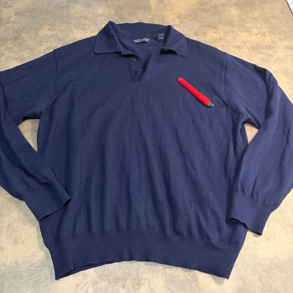 Grant Thomas Polo Sweater Mens XL Navy Blue Italian Merino Wool RN 13711